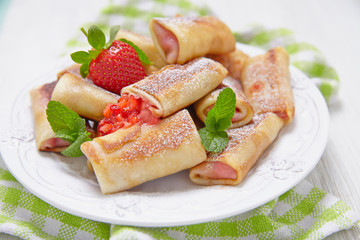 Fresh Strawberry French Crepes with Mint for Breakfast