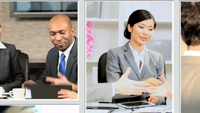 Graphics video montage Multi ethnic business managers global finance deal 