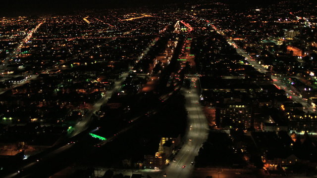 Aerial illuminated cityscape view districts, San Francisco, USA