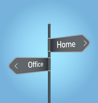 Home vs office choice road sign on blue background