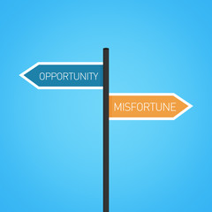 Opportunity vs misfortune choice road sign