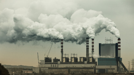 Smoke from chimney of power plant or station. Industry