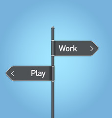 Work vs play choice road sign
