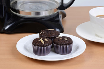 Sweet brownie with hot coffee.