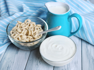 Obraz na płótnie Canvas Homemade yogurt and delicious cereals in bowl