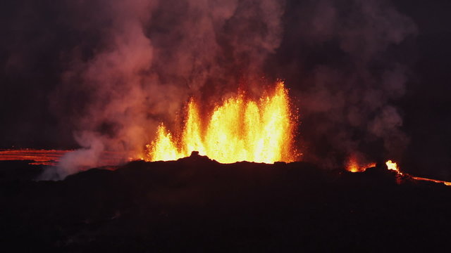 Aerial Red Hot Lava Flowing Holuhraun Volcano Geological Eruption Iceland 