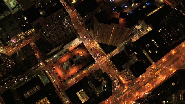 Aerial illuminated rooftop Skyscrapers San Francisco, USA