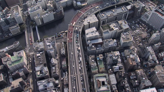 Aerial overhead Tokyo city vehicle commuter Expressway Japan
