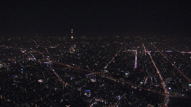 Aerial illuminated Skytree Tower cityscape Sumida district Tokyo Japan