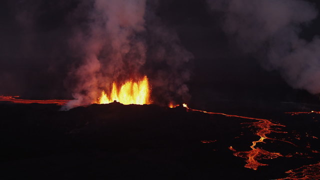 Aerial Red Hot Lava Flowing Holuhraun Volcano Geological Eruption Iceland 