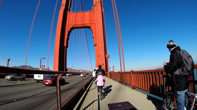 POV Bicycle riding outdoor vehicle traffic Golden Gate Bridge San Francisco USA