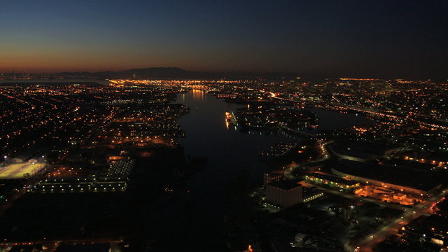 Aerial illuminated view Fishermans wharf San Francisco, USA