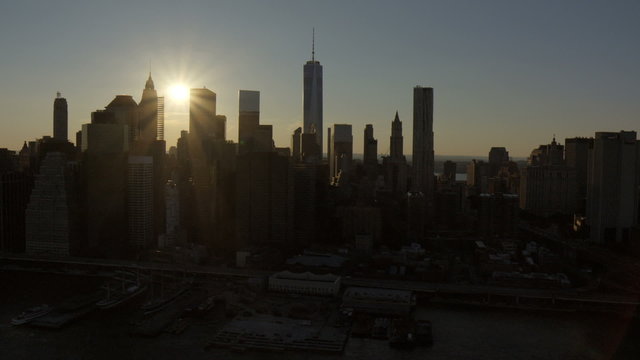 Aerial New York Manhattan World Trade Center sunset Brooklyn Bridge 