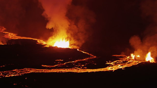 Aerial Flowing Molten Lava Holuhraun Volcano Erupting Fissures Magma Iceland