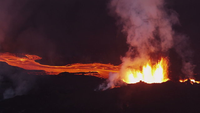 Aerial Night Volcano Lava Holuhraun Seismic Activity Land Fissures Iceland 