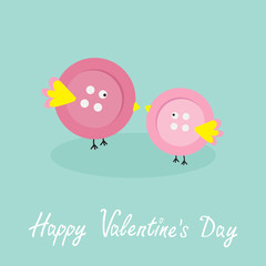 Two pink button birds Flat design style  Valentines day card