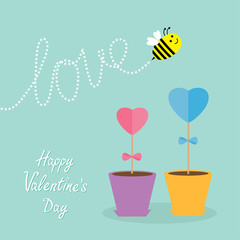 Heart stick flower pot  bee love. Flat design  Valentines day