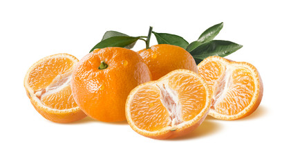 Horizontal mandarin group with water drops isolated on white