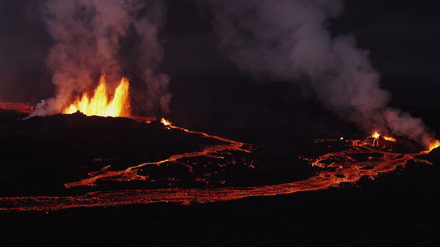 Aerial Lava Rivers Molten Fire Eruption Holuhraun Volcano Night Travel Iceland 