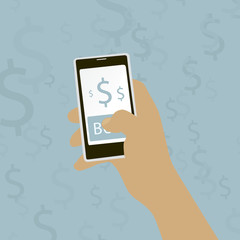 hand holding a mobile phone with buy button Vector illustration