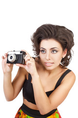 sexy woman with camera isolated on white background