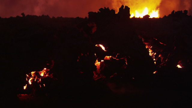 Night Scenic Fire Volcanic Molten Lava Exploding Magma Open Fissures Iceland 