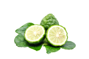 Bergamot and kaffir lime leaves on white background