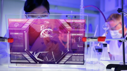Medical Science Asian Female Scientist Touch Screen Graphics Human Brain 3D CG