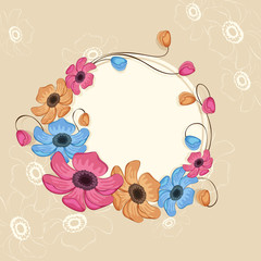Fototapeta na wymiar Beautiful flowers decorated frame on brown background.