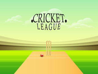View of Cricket stadium with wicket stumps and red ball. - obrazy, fototapety, plakaty