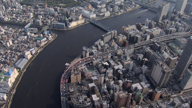 Aerial Sumida River bridges Tokyo city Expressway Japan 