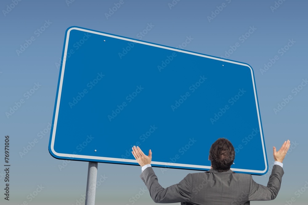 Poster composite image of businessman posing with arms raised
