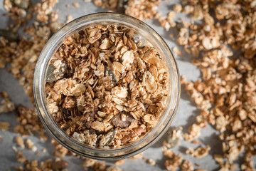 Homemade Granola with Sunflower and Pumpkin Seeds in a Jar