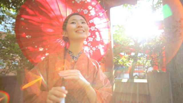 Portrait Female Asian Japanese Traditional Kimono Parasol Outdoors 