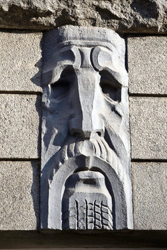 Decorative stone head at the todesopfer in Kharkiv