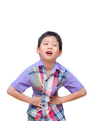Little boy with stomachache isolated on white background