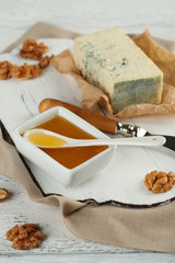 Still life with tasty blue cheese, close up