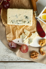 Still life with tasty blue cheese, close up