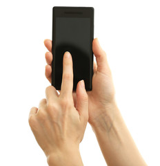 Hands holding mobile smart phone, isolated on white