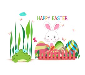 easter eggs fence with spring bunny and frog