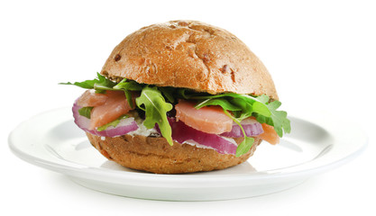 Sandwich with salmon isolated on white