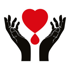 Hand with heart and blood drop vector symbol.
