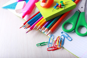 School supplies on desk, close-up