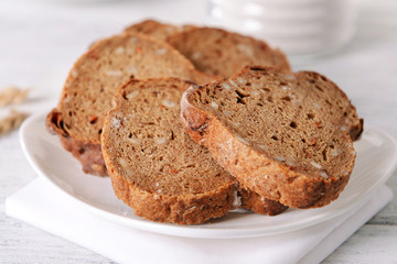Tasty bread on table close-up