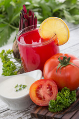 Beetroot smoothies and tomato mix juice