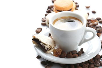 Gentle colorful macaroons and black coffee in mug isolated