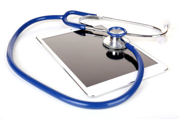 Tablet and blue stethoscope isolated on white
