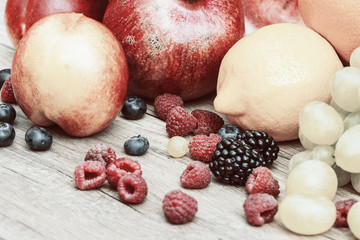 Retro Photo Of Fresh Summer Fruits On Wood Table