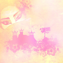 traditional Asian landscape and beautiful geisha eyes