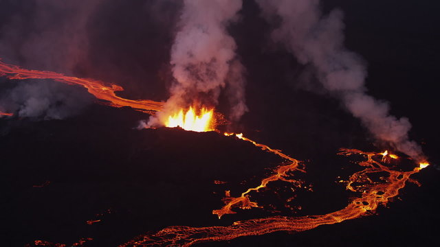Aerial Flowing Molten Lava Holuhraun Volcano Erupting Fissures Magma Iceland